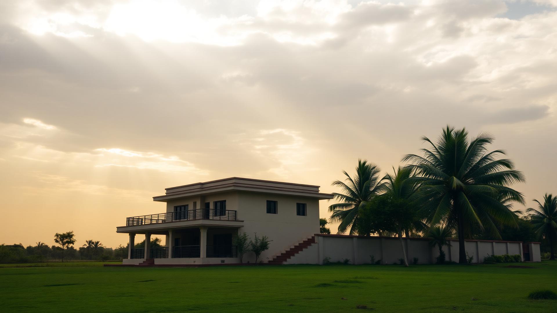 A modern Indian house on a lush green plot under a cinematic cloud-filled sky