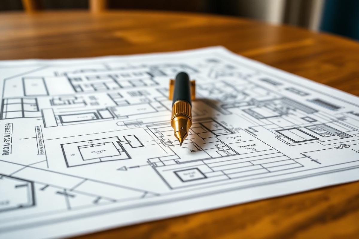 Architectural blueprints with gold pen